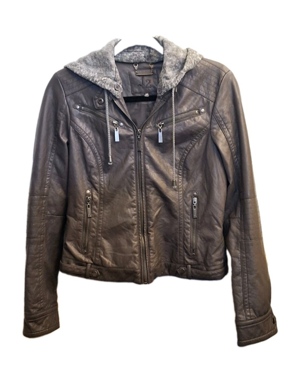 J2 Faux Leather Moto Jacket Detachable Hood Juniors Medium Bikercore Punk Grunge